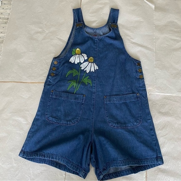 SunBelt Denim overalls Painted white daisies Front pockets Decorative buttons S - Picture 1 of 14